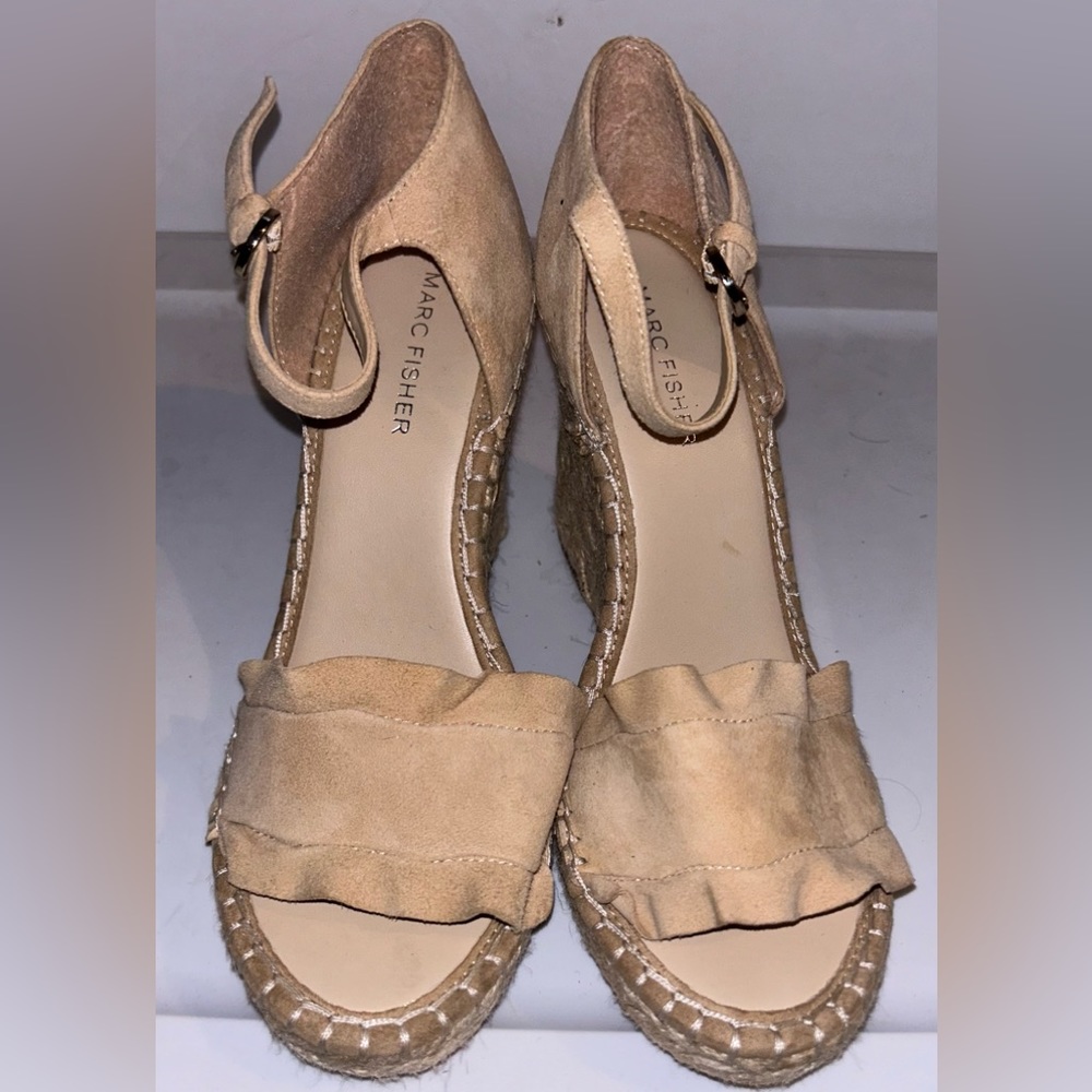Marc Fisher Kickoff Suede Beige Ruffle Espadrille Heels